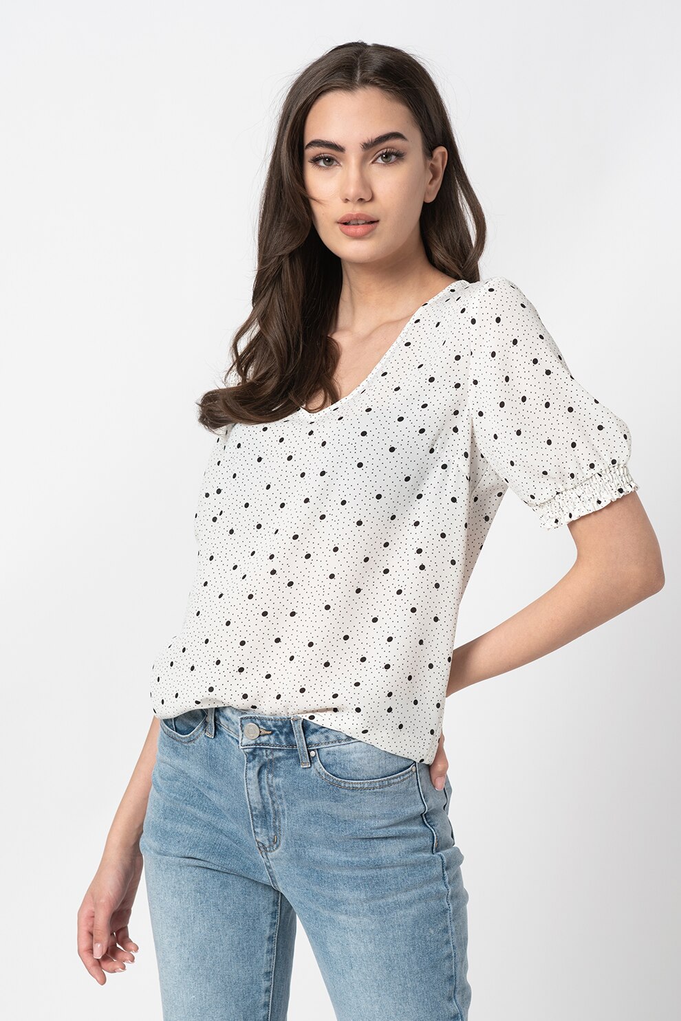 Vila, Bluza cu decolteu in V si imprimeu cu buline, Alb/Negru