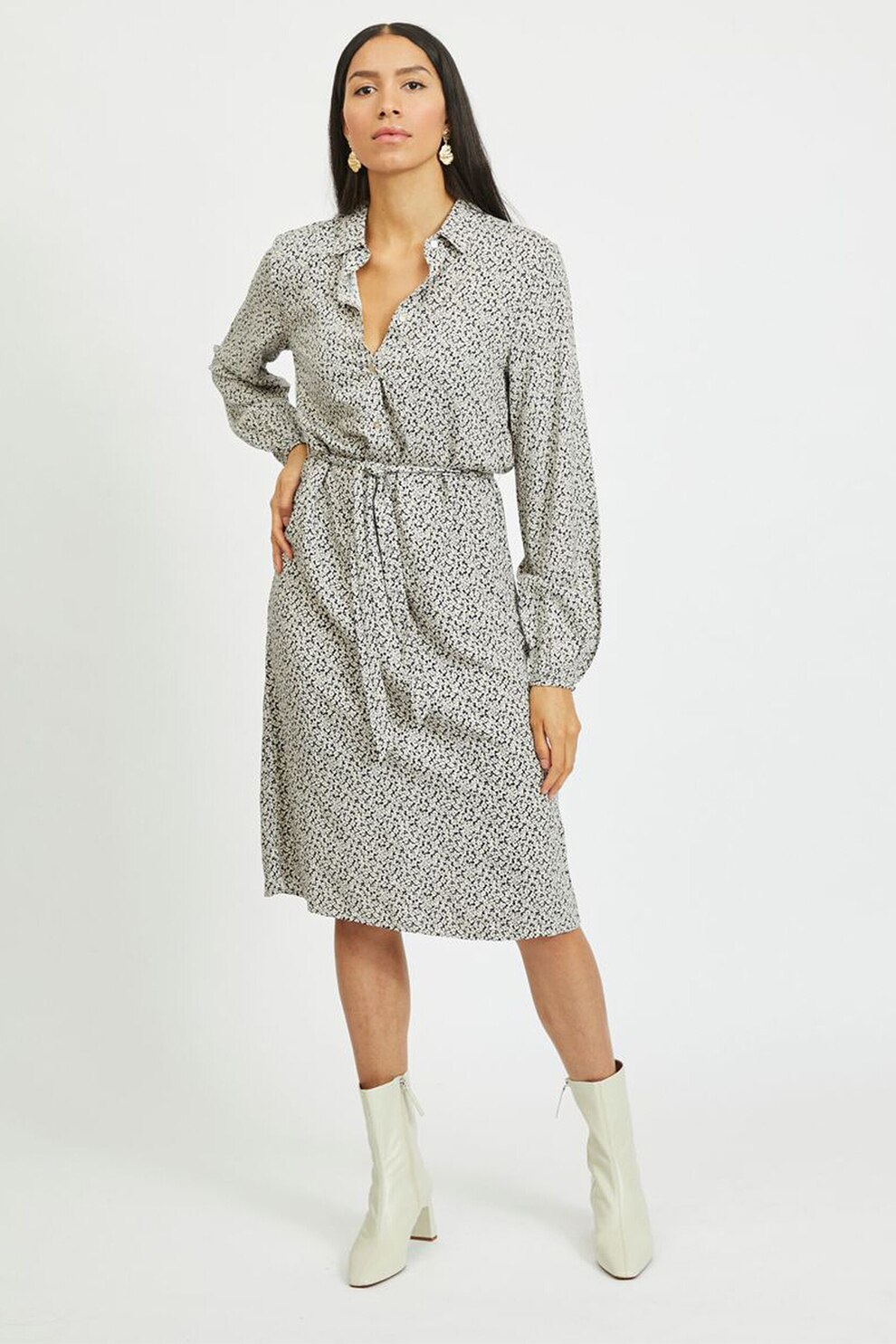 Vila, Rochie midi cu cordon in talie, Alb/Bleumarin, XS