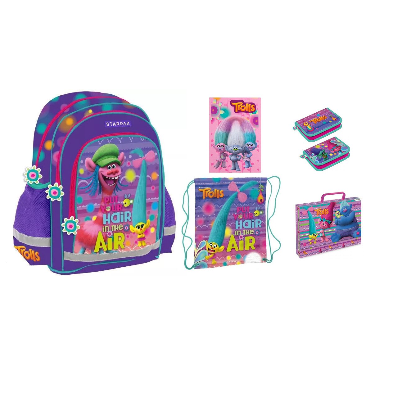 Set rucsac scoala trolle, penar, geanta pliabila incaltaminte, servieta, Caiet, multicolor