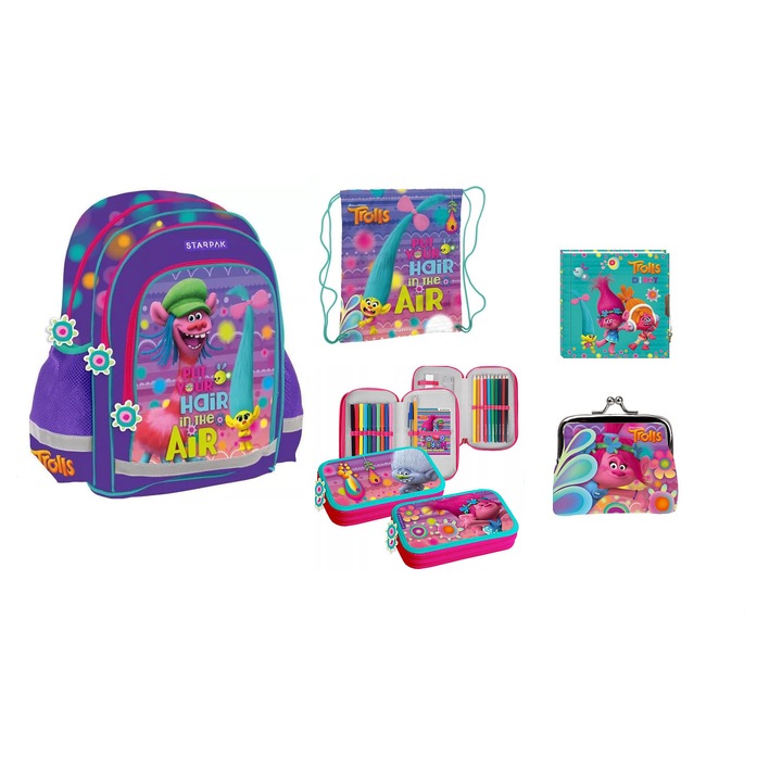 Készlet: gurulós iskolai hátizsák, tolltartó, összecsukható cipőtáska, pénztárca, napló, sokszínű