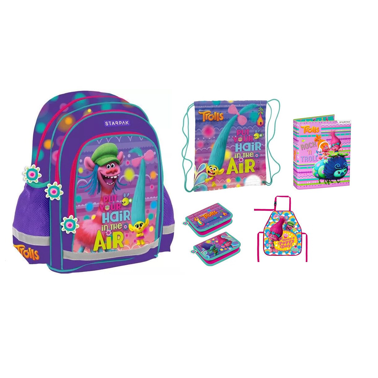 Set rucsac scoala trolle, penar, geanta pliabila incaltaminte, sort, Liant, multicolor