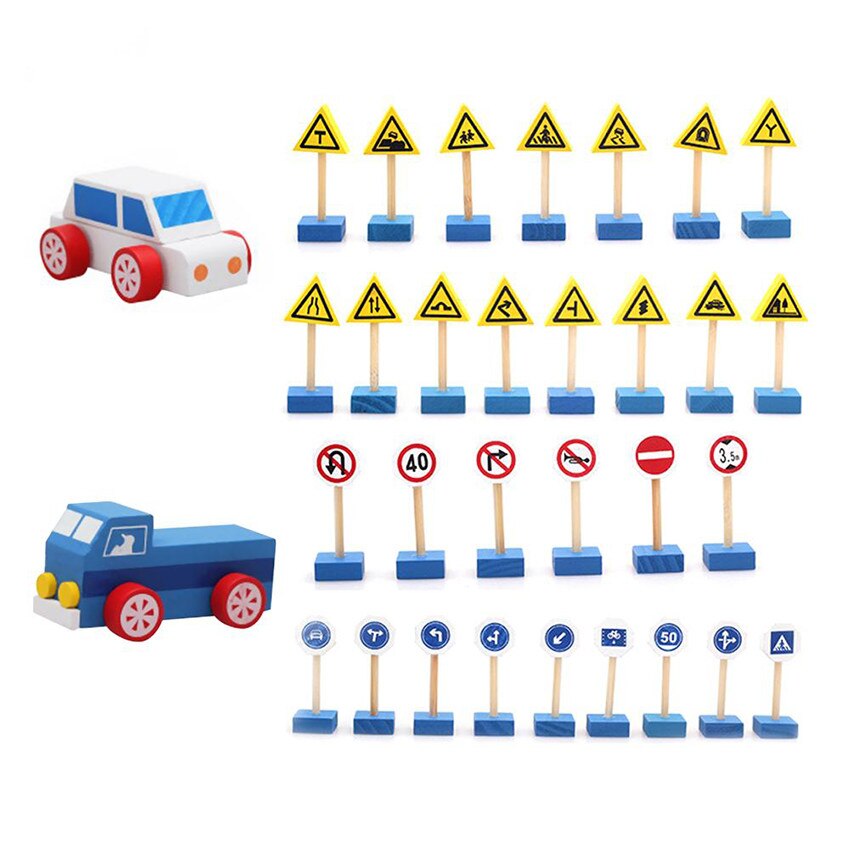 Joc educativ cu 33 Semne de circulatie si 2 masinute, din lemn, Unitoys