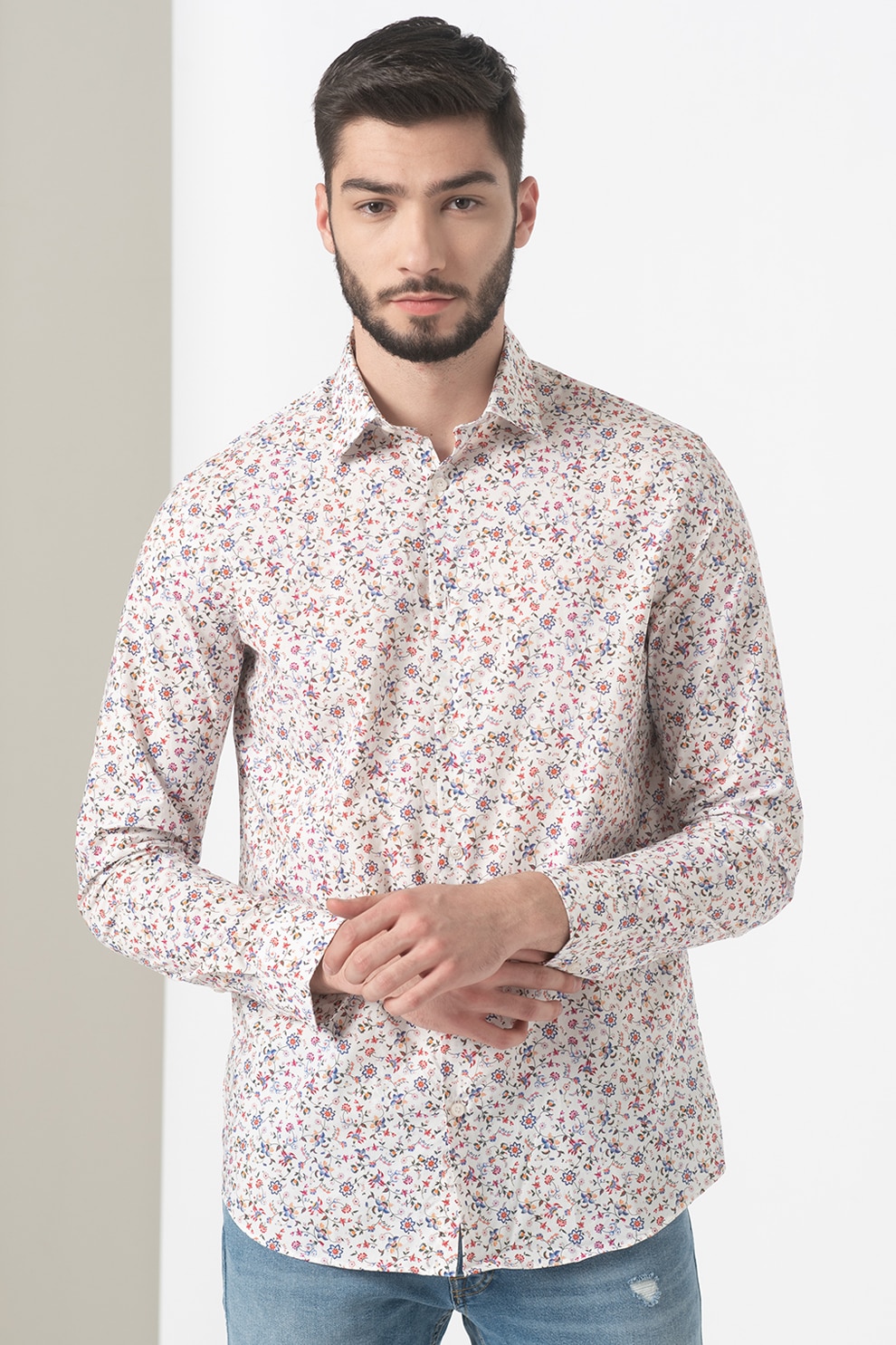 Selected Homme, Camasa de bumbac cu imprimeu floral Willow, Alb/Rosu/Albastru