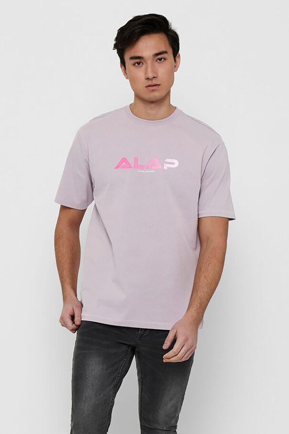 Only & Sons, Tricou din bumbac organic cu imprimeu grafic si text, Lila prafuit/Roz, S