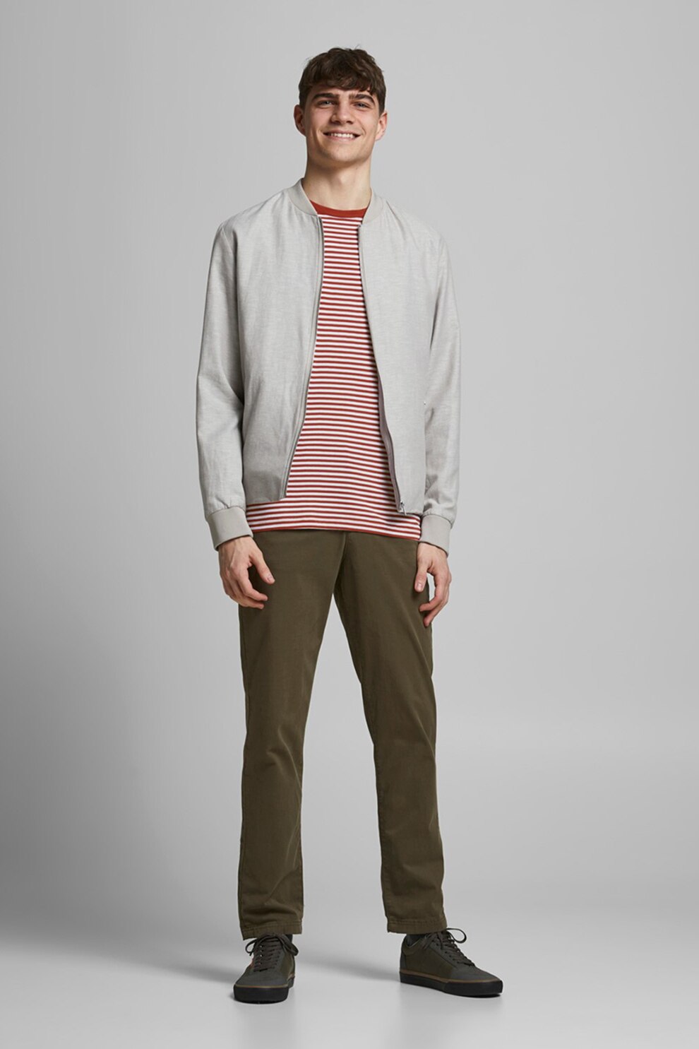 Jack&Jones, Tricou cu decolteu la baza gatului si model in dungi, Oranj stins/Alb, S
