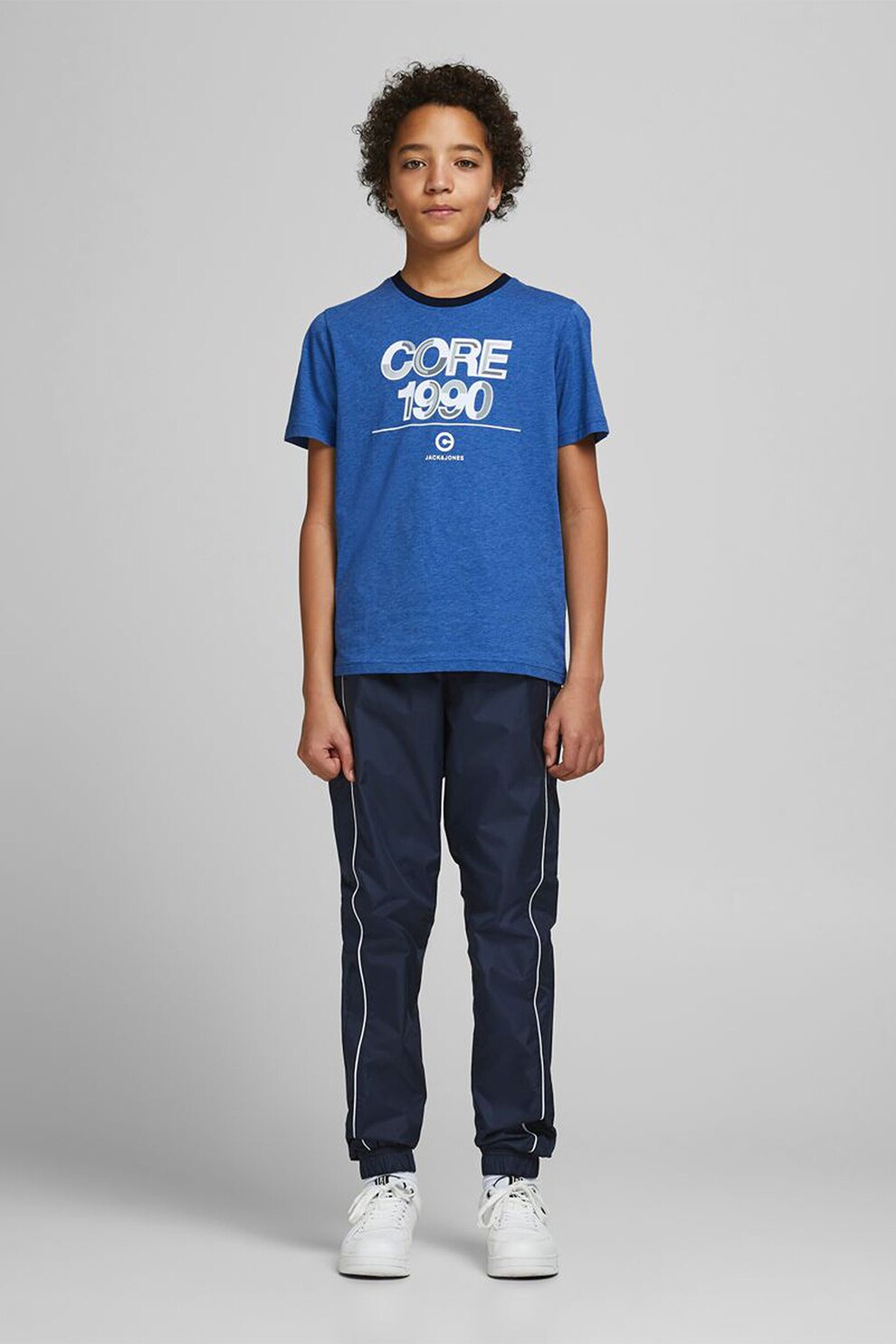 Jack&Jones, Tricou din amestec de bumbac organic cu imprimeu logo, Albastru royal/Alb