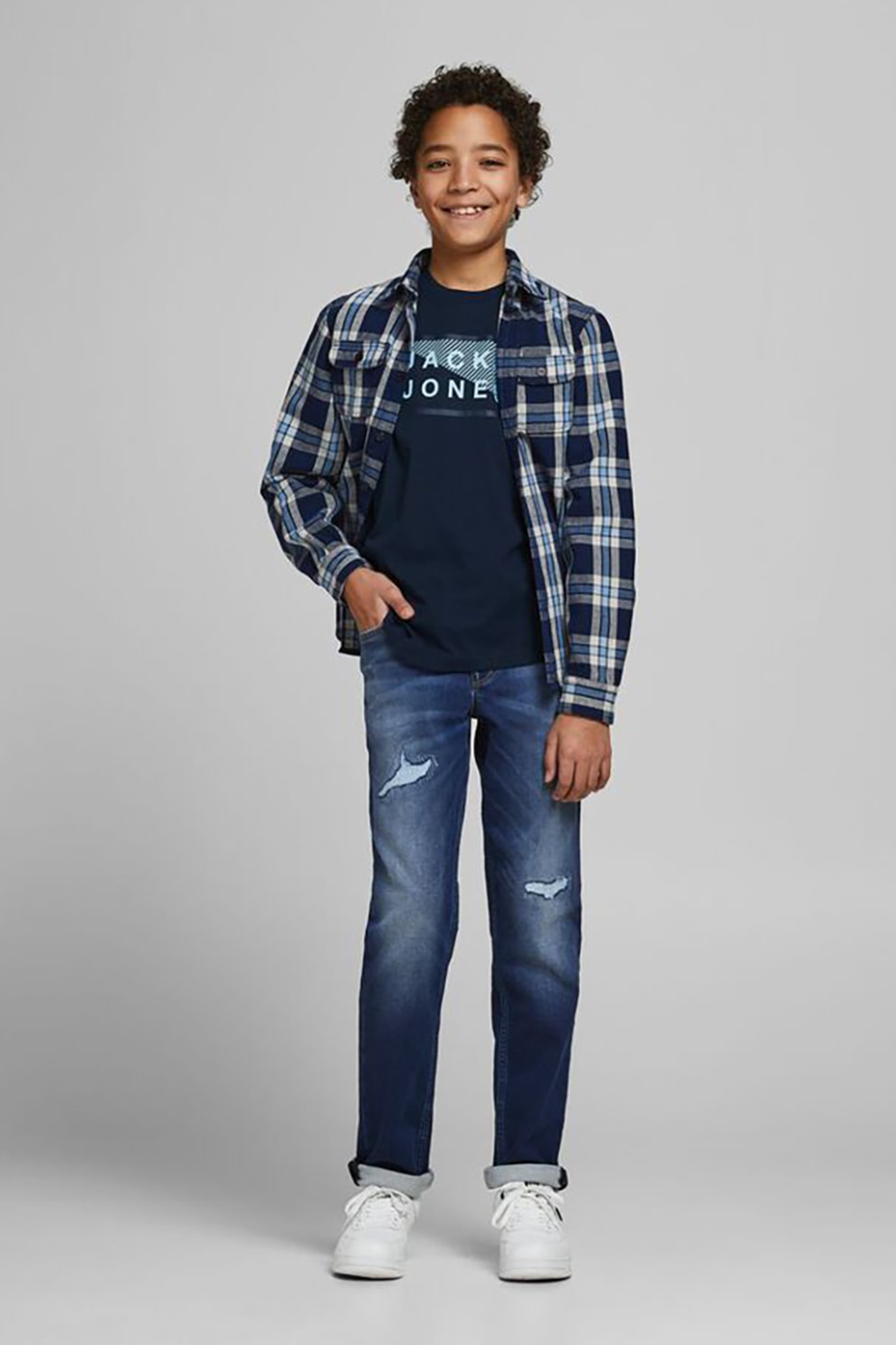 Jack&Jones, Tricou din bumbac organic cu imprimeu logo, Bleumarin inchis/Albastru pal