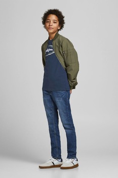 Jack&Jones, Tricou cu decolteu la baza gatului si broderie in relief, Bleumarin/Alb Jack&Jones, Tricou cu decolteu la baza gatului si broderie in relief, Bleumarin/Alb