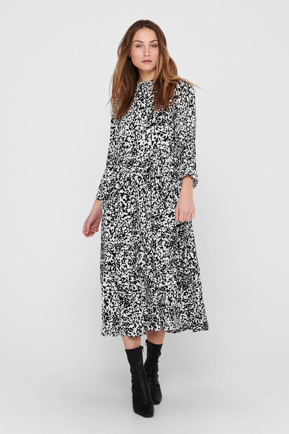 Only, Rochie midi cu model abstract, Negru/Alb prafuit