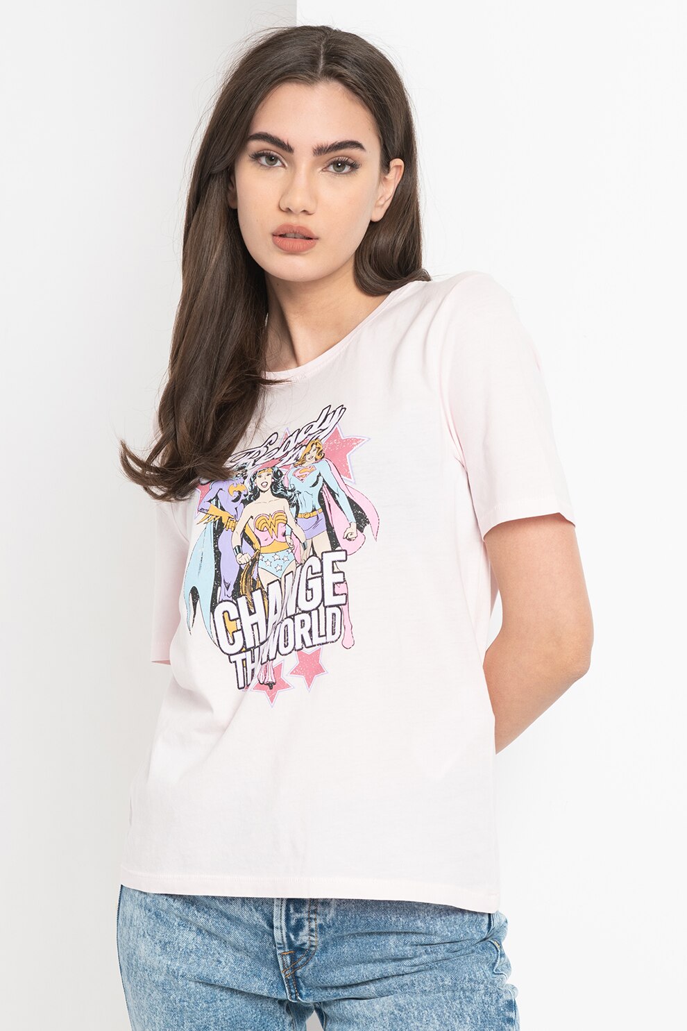 Only, Tricou de bumbac organic cu imprimeu Justice League, Roz pastel/Albastru