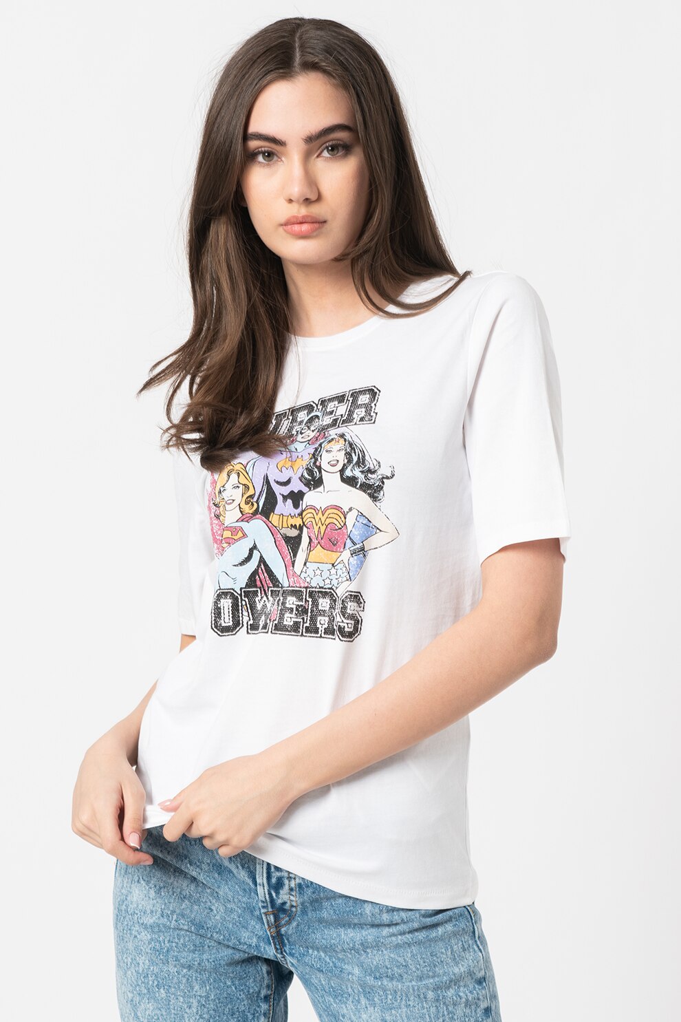 Only, Tricou de bumbac organic cu imprimeu Justice League, Alb optic/Negru/Albastru