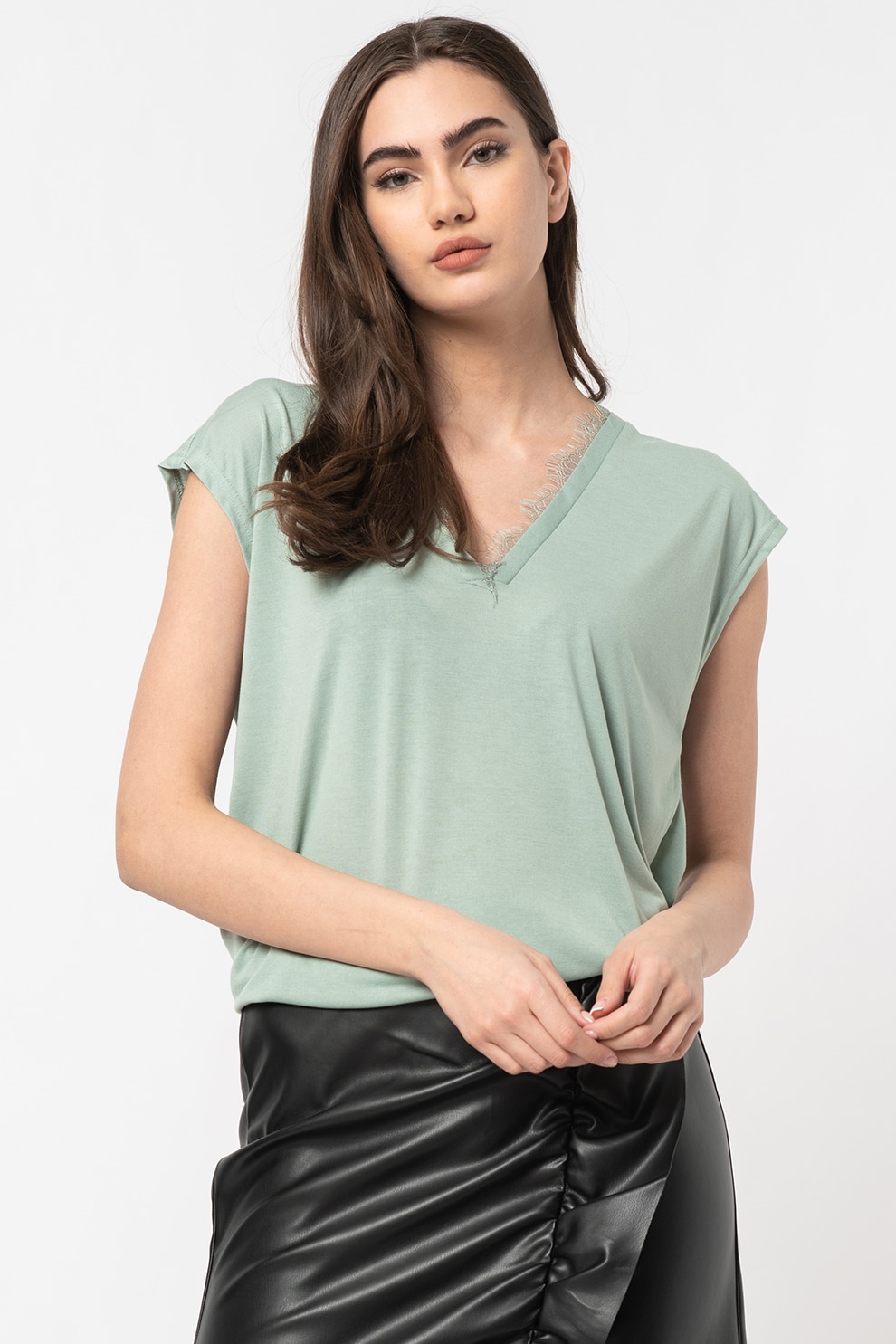 Vero Moda, Tricou cu decolteu in V Carrie, Verde menta, XS