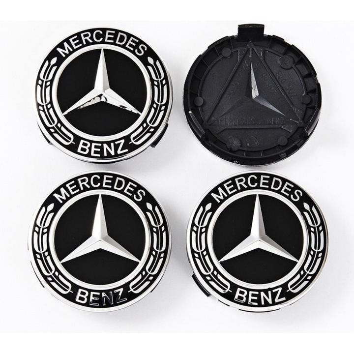 Set 4 capace roti 75mm compatibil jante aliaj Mercedes-Benz negru/argintiu