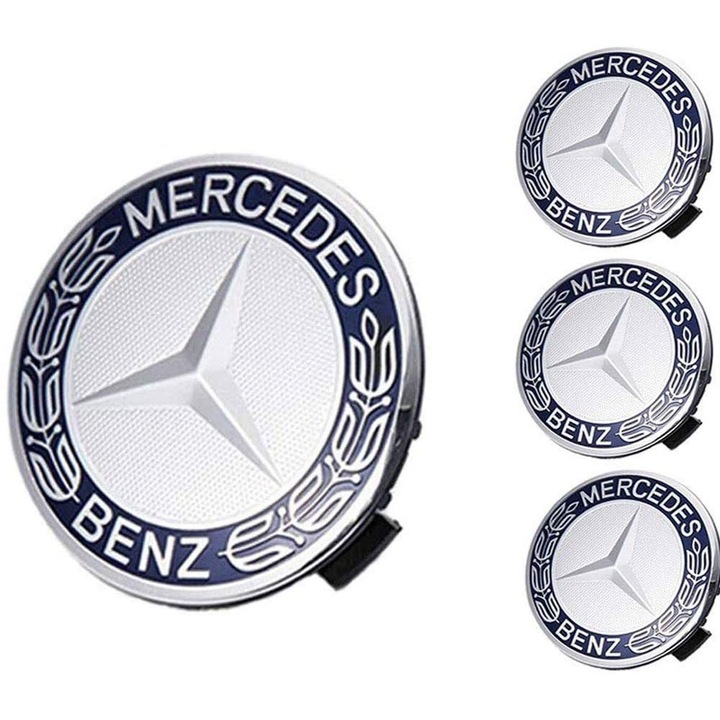 Set 4 capace roti 75mm compatibil jante aliaj Mercedes-Benz albastru/argintiu