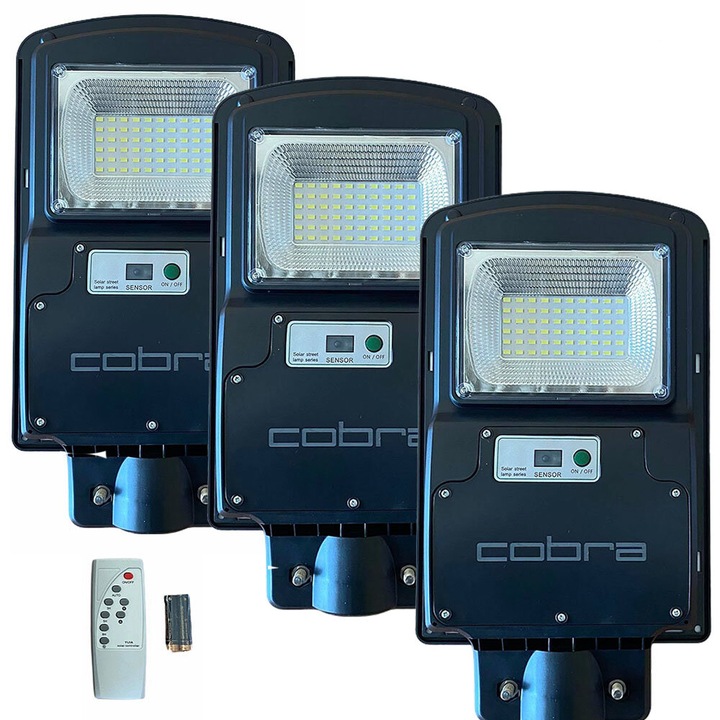 Комплект, LED Соларна улична лампа COBRA, 115W, Черна, 3 бр