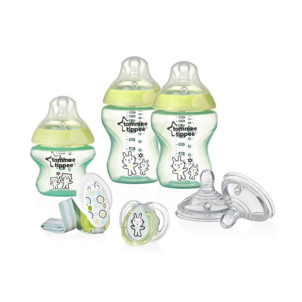 Kit Complet Pentru Hranirea Bebelusului, Model Iepurasi si Pisicute, Include 3 Biberoane, Capacitate Diferita, 2 Tetine Suplimentare, Suzeta cu Clips, Verde