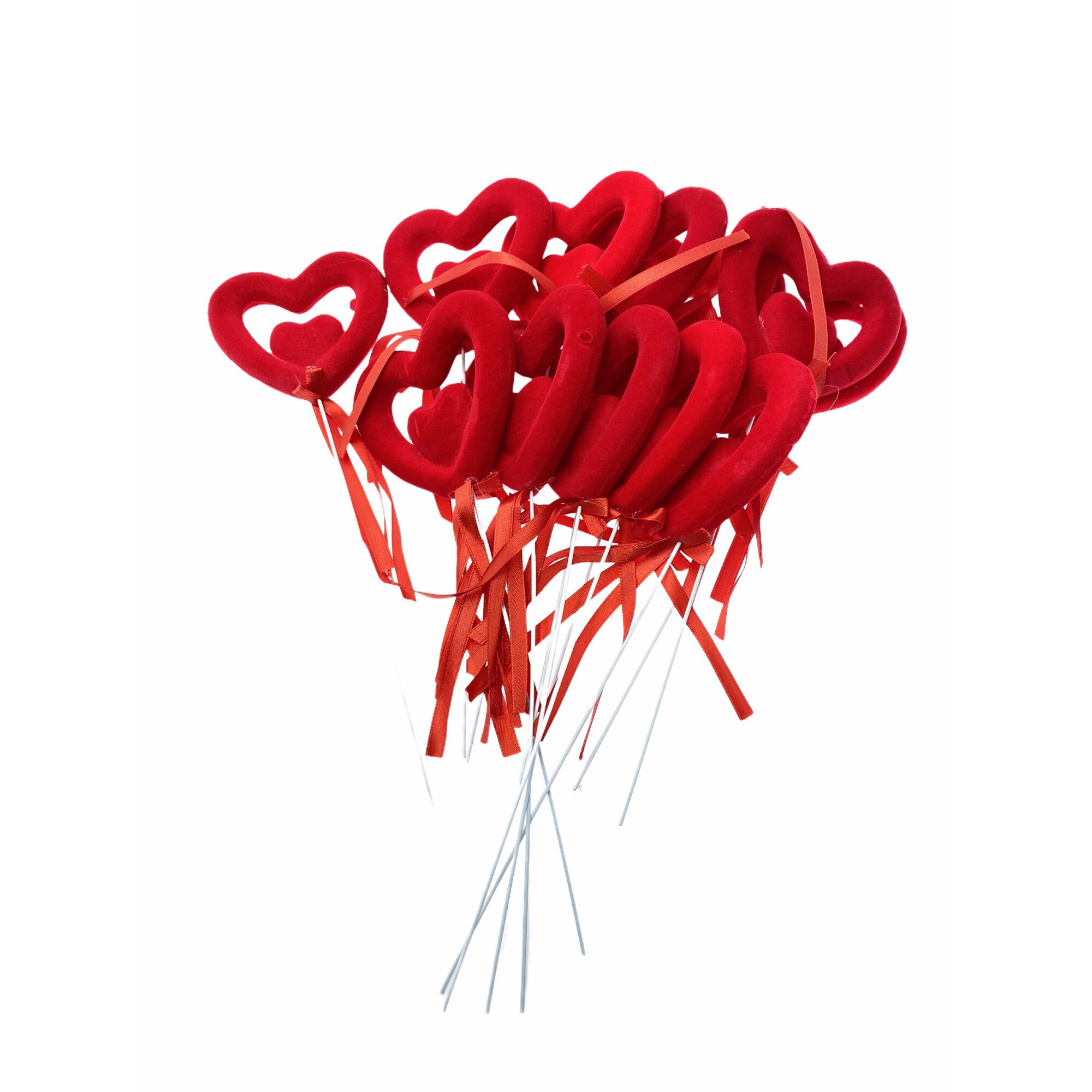 Set 12 inimioare duble decorative cu bat, Atelier, Ziua Indragostitilor, Valentine's Day, Rosu, 8x8cm