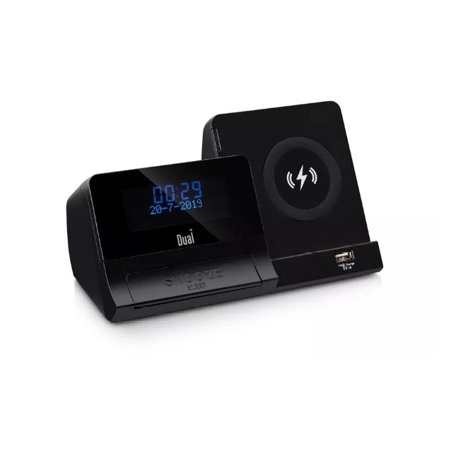 Ceas digital cu afisaj LED, Dual, cu radio FM si incarcator wireless incorporat, Negru