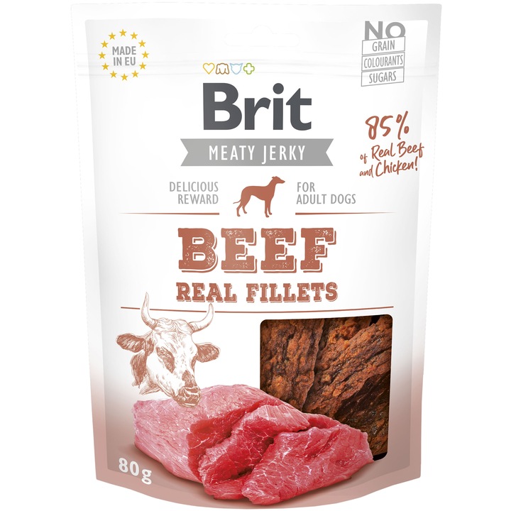 Recompense pentru caini Brit Jerky Beef Fillets, 80g