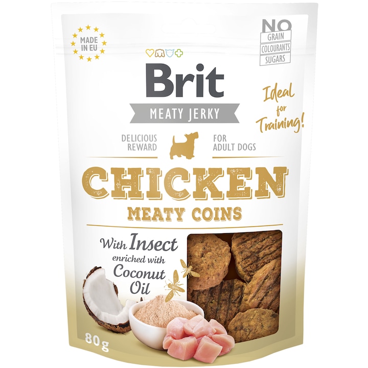 Recompense pentru caini Brit Jerky Chicken With Insect Meaty Coins, 80g