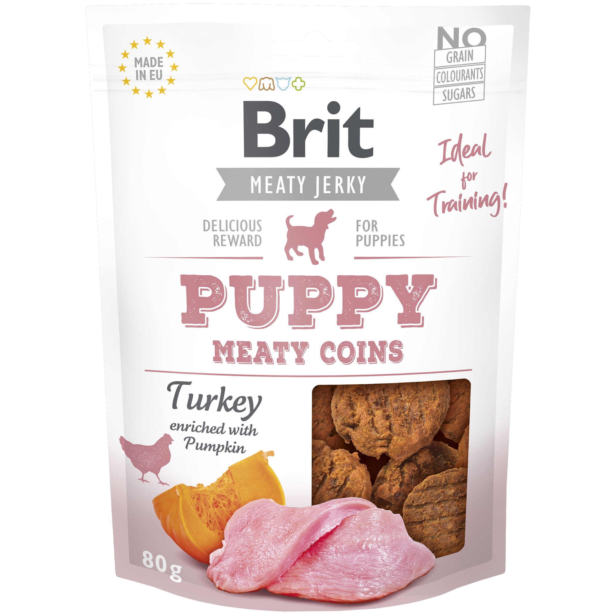 Recompense pentru caini Brit Jerky Puppy Turkey Meaty Coins, 80g