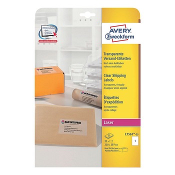 Etichete Avery Zweckform L7567-25, transparente 1/A4, 210x297mm, 25 coli/top Etichete Avery Zweckform L7567-25, transparente 1/A4, 210x297mm, 25 coli/top