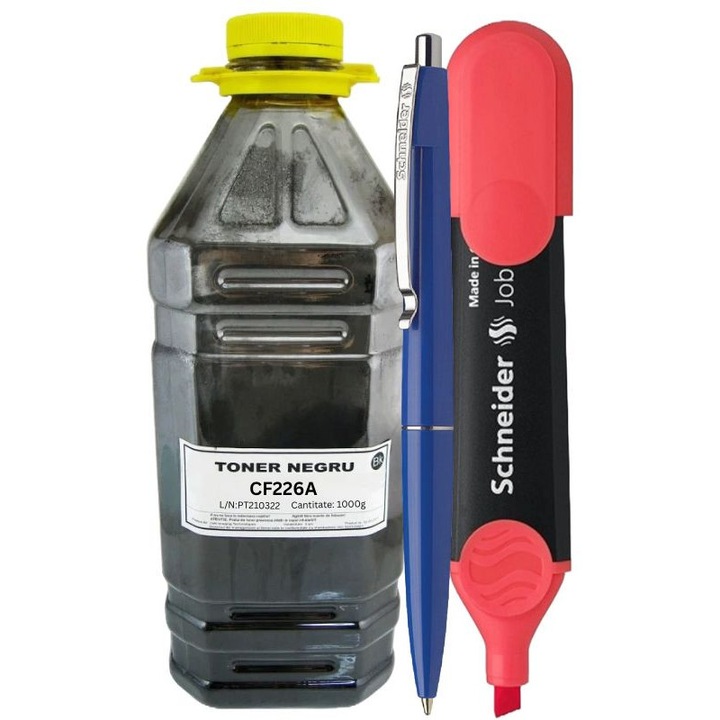 Set Bidon Refill Jadi Praf Toner Compatibil (26A) CF226A Negru, 1000g, Pix Schneider si Textmarker Schneider