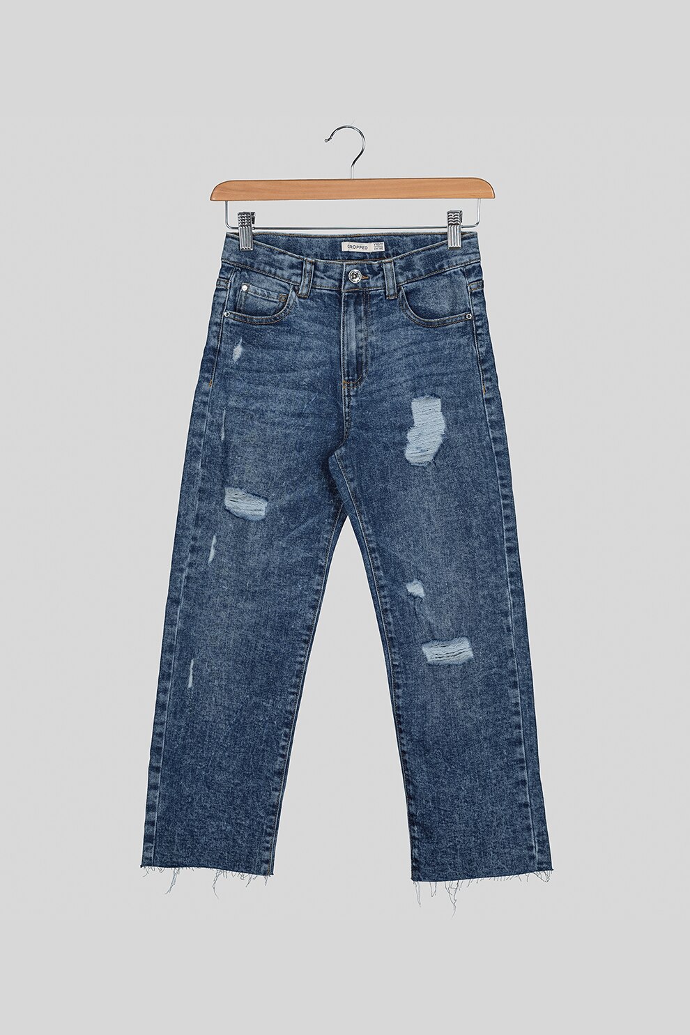 OVS, Blugi cu croiala dreapta si detalii cu aspect deteriorat, Albastru, 164 CM