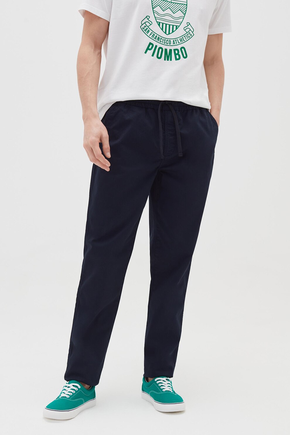 OVS, Pantaloni conici cu snur, Bleumarin inchis