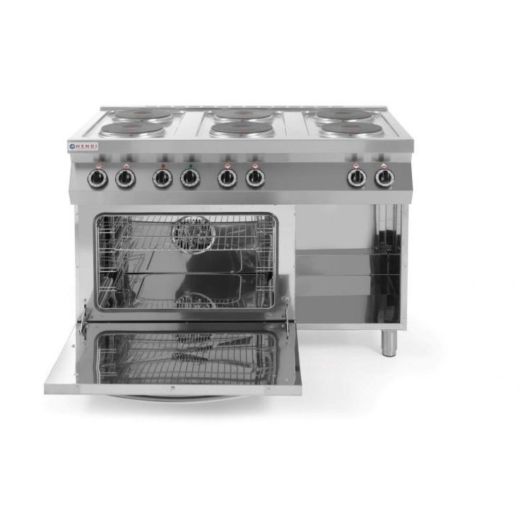 Aragaz electric Hendi Kitchen Line cu 6 plite si cuptor convectie 18.6W GN1/1, Inox, 1200x700x (H) 900 mm
