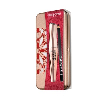 Set machiaj Deborah Milano: Mascara Instant Maxi Volume Black 12ml + Creion contur ochi 24 Hours Black 1.5 g + cutie metalica aurie Set machiaj Deborah Milano: Mascara Instant Maxi Volume Black 12ml + Creion contur ochi 24 Hours Black 1.5 g + cutie metalica aurie