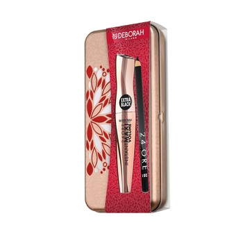 Set machiaj Deborah Milano: Mascara 24 Hours Instant Maxi Volume Extra Black 12 ml + Creion contur ochi 24 Hours Black 1.5 g + cutie metalica aurie Set machiaj Deborah Milano: Mascara 24 Hours Instant Maxi Volume Extra Black 12 ml + Creion contur ochi 24 Hours Black 1.5 g + cutie metalica aurie