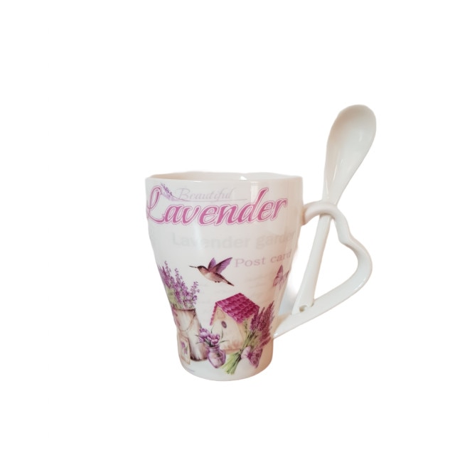 Cana ceramica cu maner in forma de inima si lingurita – Lavanda Casuta 330ml