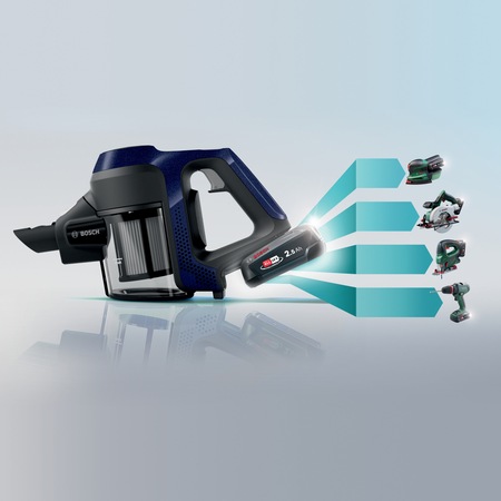 Aspirator vertical cu acumulator Bosch BBS611MAT Seria 6, 18V (2.5 Ah), 19.84 Kwh/an, 2 trepte de putere, autonomie 30 min mod normal, 8 min treapta Turbo, capacitate colectare 0.3 l, nivel zgomot 85 dB, Perie electrica AllFloor HighPower, Albastru