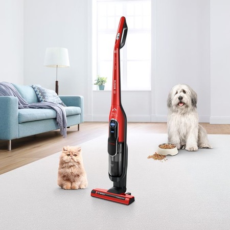 Aspirator vertical BOSCH Athlet ProAnimal BCH86PET2, 0.9 L, 25.2 V, 19.51 kWh/an,autonomie max 60 min, Motor HiSpin, perie All Floor High Power, rosu