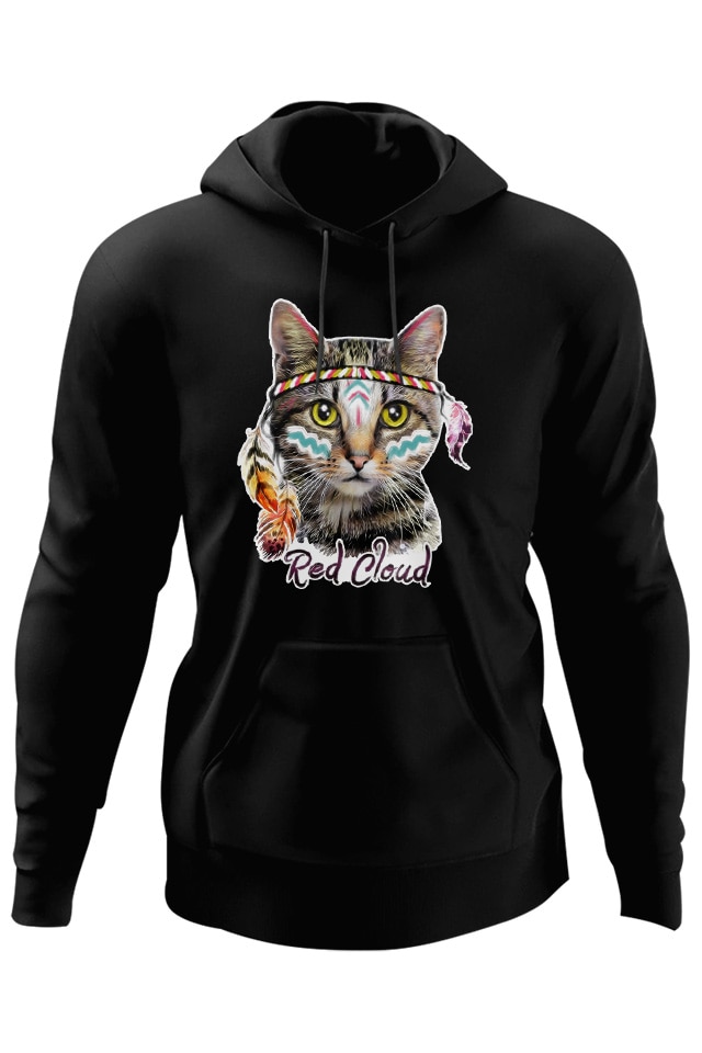 Hanorac Negru Adulti Pisica Indiana Red Cloud cadou Dragobete iubit sot