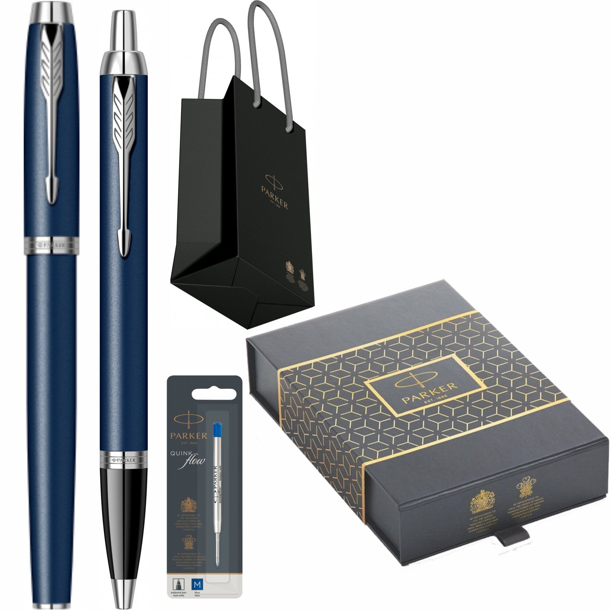 Set Parker Stilou Pix Personalizat prin Gravura Laser IM Royal Matte Blue CT cu rezerva stilou + rezerva mina pix Quink Flow Albastru M/ F in cutie si punga
