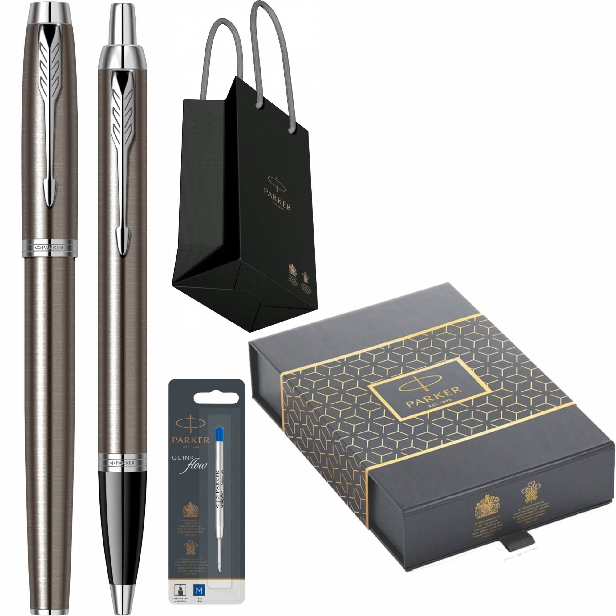 Set Parker Stilou Pix Personalizat prin Gravura Laser IM Royal Dark Espresso CT cu rezerva stilou + rezerva mina pix Quink Flow Albastru M/ F in cutie si punga
