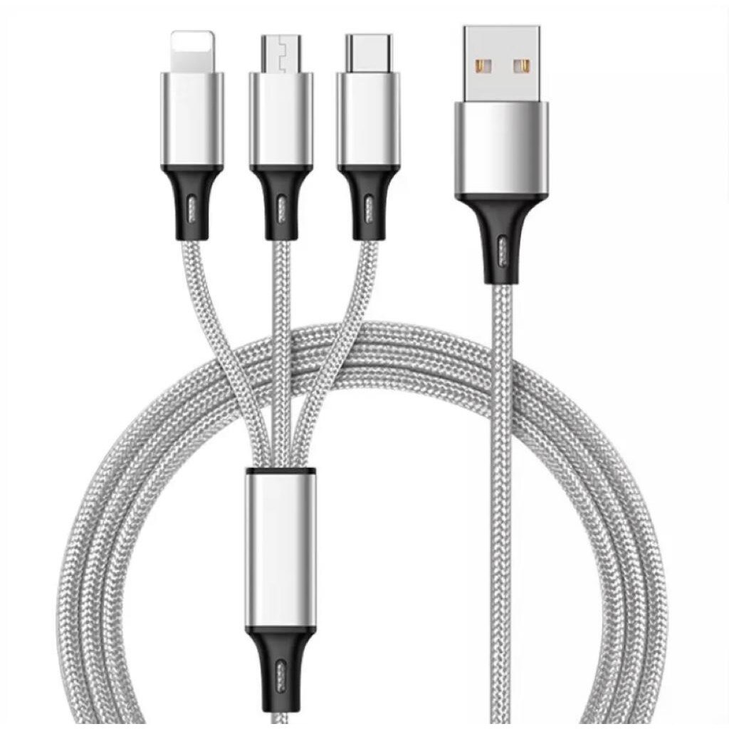 Cablu de date USB 3 in 1, cu capat micro USB, type C si lightening, Argintiu, 120 cm