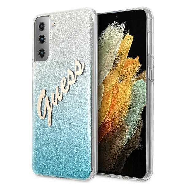 Husa compatibila cu Samsung S21 Plus Guess Glitter Gradient Script blue