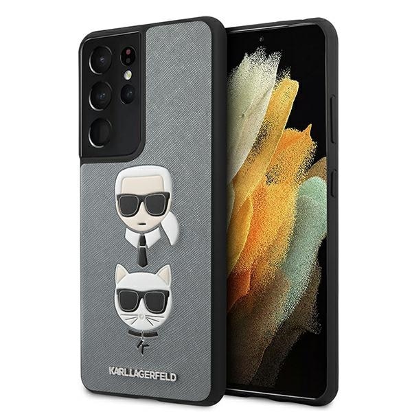 Husa compatibila cu Samsung Galaxy S21 Ultra Karl Lagerfeld Saffiano Ikonik Karl&Choupette Head silver