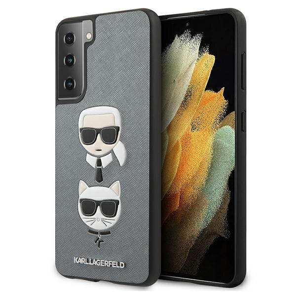 Husa compatibila cu Samsung Galaxy S21 Karl Lagerfeld Saffiano Ikonik Karl&Choupette Head silver