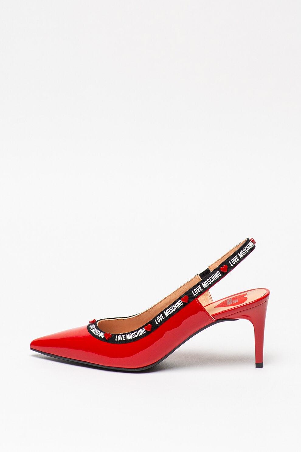 Love Moschino, Pantofi slingback de piele lacuita cu benzi logo, Rosu, 40