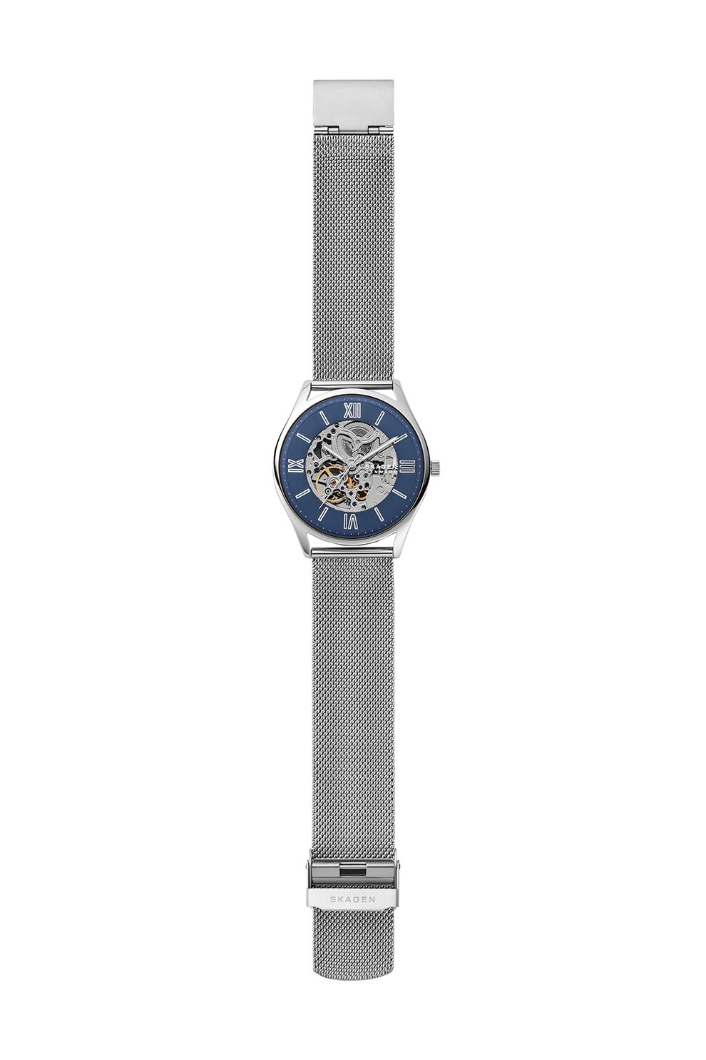 Skagen, Ceas automatic de otel inoxidabil cu bratara cu model plasa, Argintiu