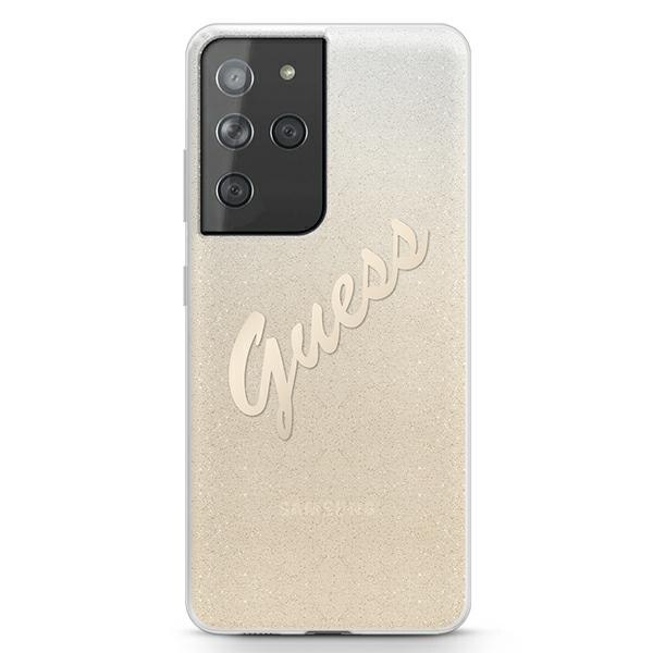 Husa compatibila cu Samsung S21 Ultra Guess Glitter Gradient Script gold