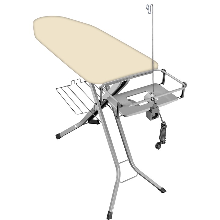Masa de calcat Eurogold Professional Biege 06, 130 x 48 cm, cu suport pentru statia de calcat, suport pentru rufe, priza si suport pentru cablul de alimentare