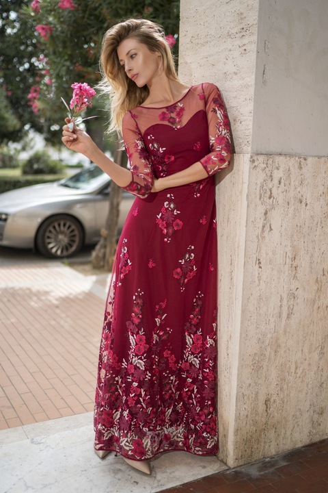 Rochie dama, Marconi Fashion Rose, Decoratii florale, Rosu Bordeaux, Visiniu