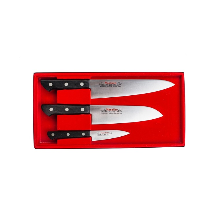Set 3 cutite Masahiro BWH Chef cu Santoku cu Paring, 330/295/199 mm, Lemn