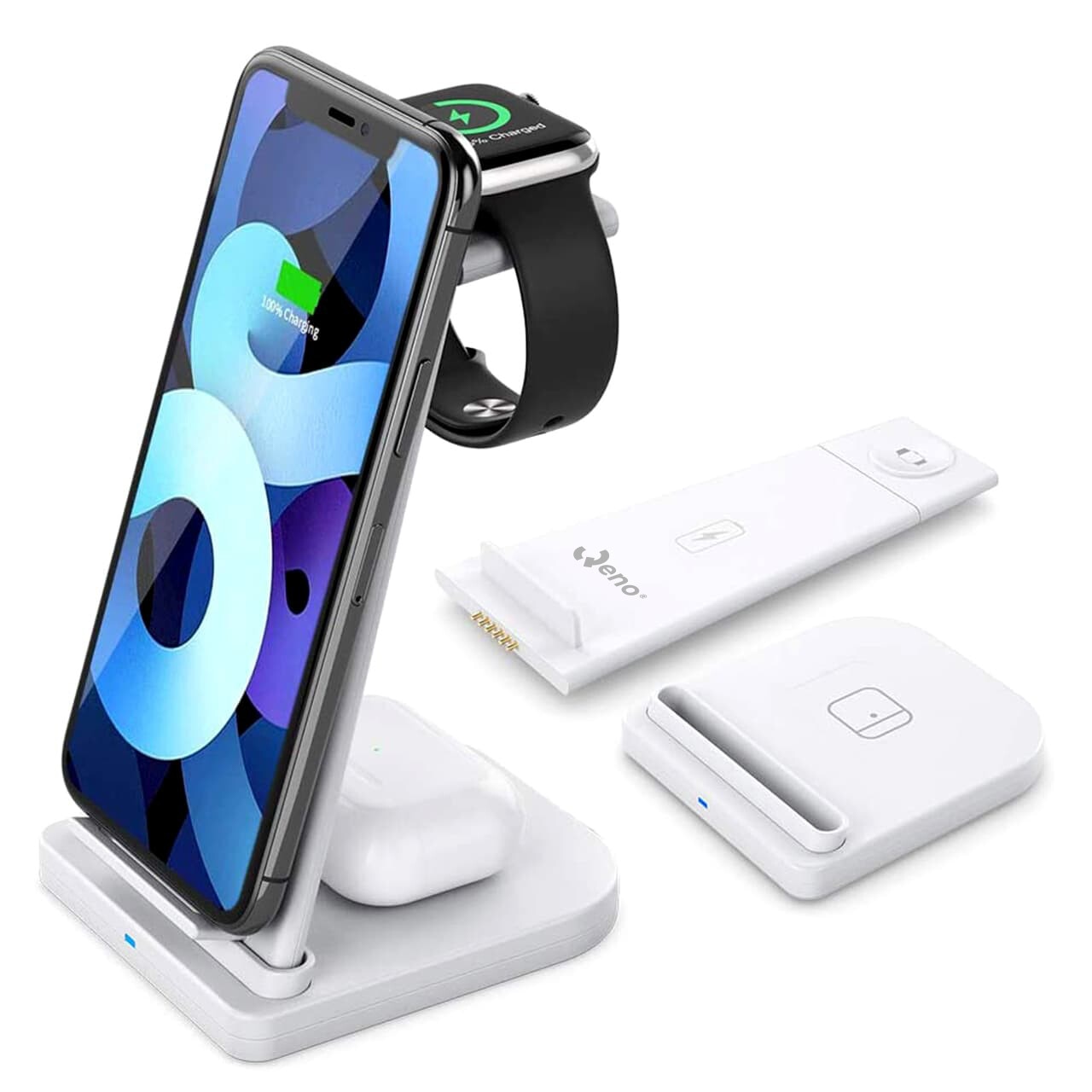 Incarcator Wireless 3 In 1 Qeno® 15W Incarcare Rapida, IWatch, Airpods si Iphone Android Samsung Alb