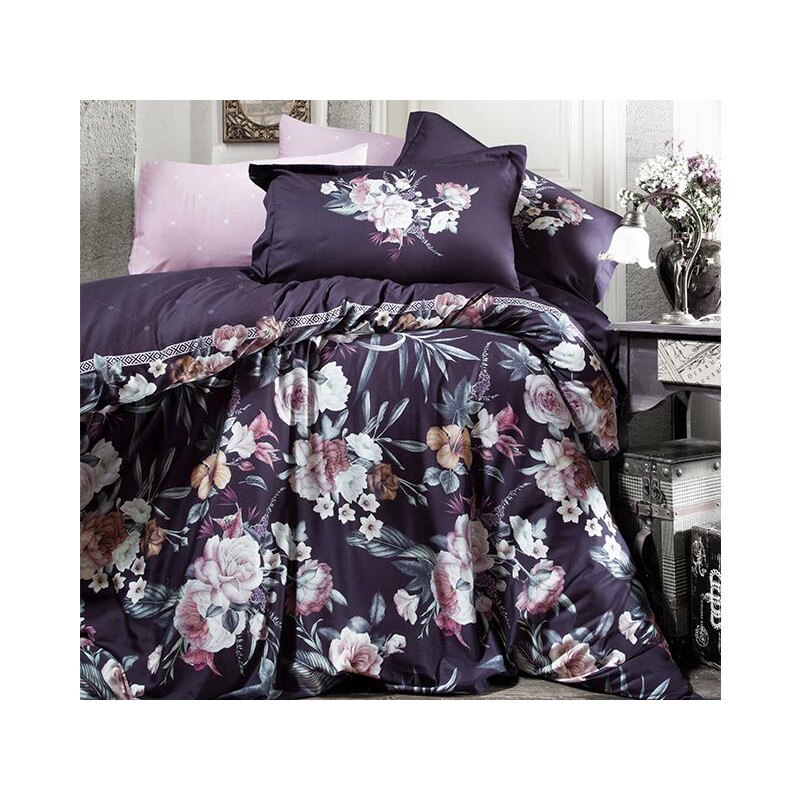 Lenjerie de pat dublu, satin de lux, 4 piese, Clasy, Pera V1 Purple